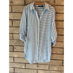 Tahari Womens Blue & White Striped Button-Up Tunic Shirt Medium Linen Blend Roll